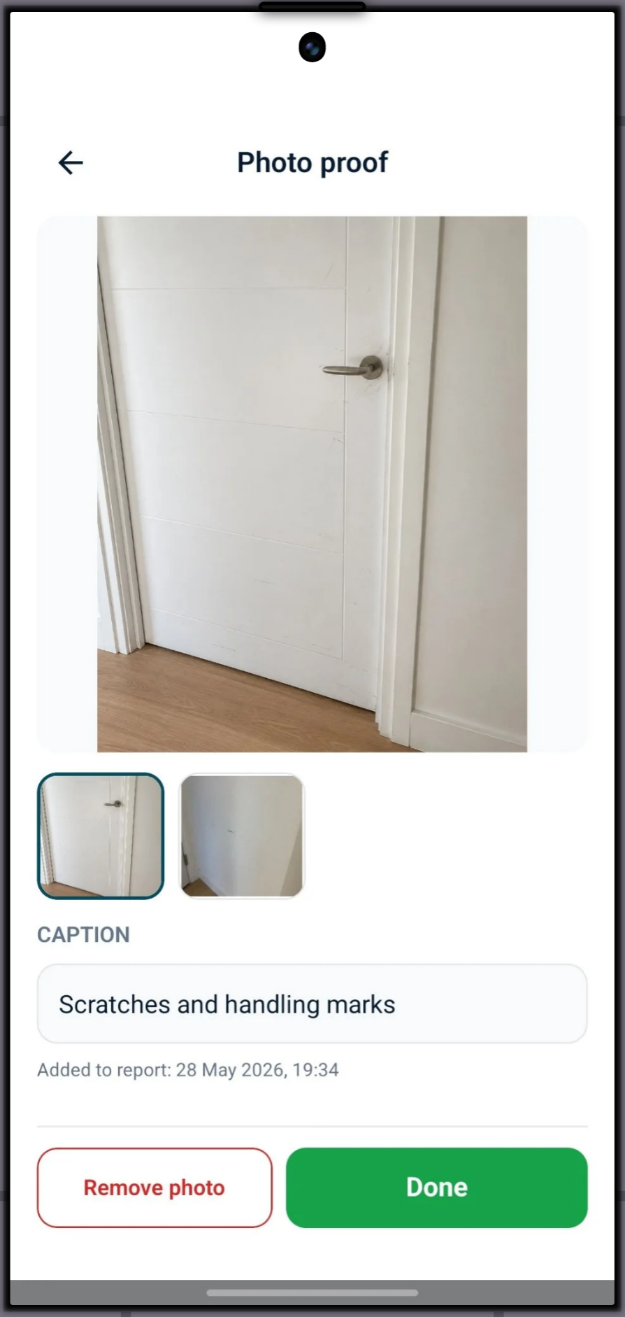 StayProof photo proof screen with caption